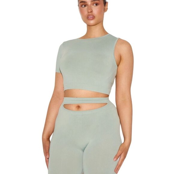 PrettyLittleThing Shape Sage Green Soft Seamless One Sleeve Crop Top -Size Small - Picture 7 of 7